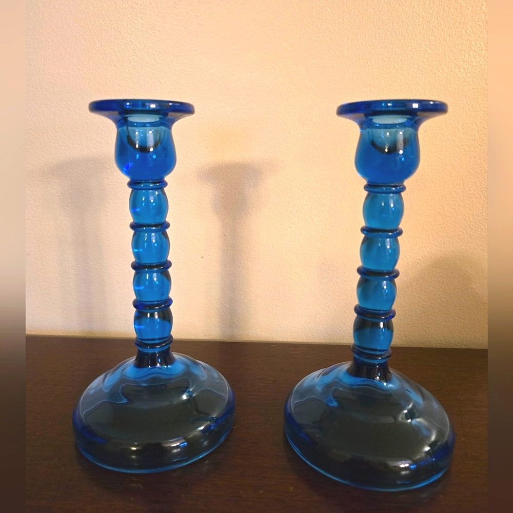 Cambridge Glass Candle Holders #1595 Ritz Blue Wafer c.1920s